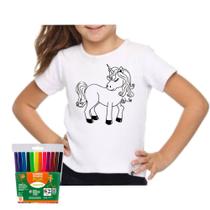 Camiseta infantil menina para colorir desenho unicórnio dia das crianças Camiseta infantil menina para colorir desenho unicórnio dia das crianças