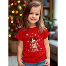 Camiseta Infantil Natal Estampa Rena de Gorrinho 660 Trenó Papai Noel Presentes Árvore de Natal