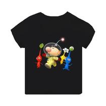 Camiseta Infantil Preta De Manga Curta Pikmin 4 Com Estampa De Desenho Animado Para Meninos E