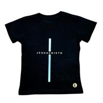 Camiseta Infantil Preta Jesus Cristo Cruz Prata Camiseta Infantil Preta Jesus Cristo Cruz Prata