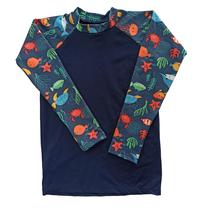 Camiseta infantil proteção UV raglan azul marinho 1 a 16 anos
