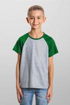 Camiseta Infantil Raglan Cinza Mescla com Verde - 100% Poliéster