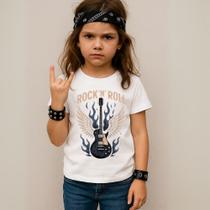 Camiseta Infantil Unissex Estampada Rock'n Roll Guitarra Asas Fogo 057 Tecido Premium Algodão Leve