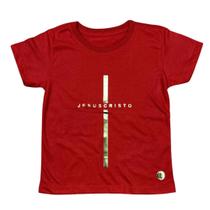 Camiseta Infantil Vermelha Jesus Cristo cruz dourada Algodão Penteado Premium, Estampas Exclusivas Camiseta Infantil Vermelha Jesus Cristo cruz dourada Algodão Penteado Premium, Estampas Exclusivas