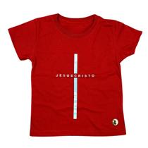 Camiseta Infantil Vermelha Jesus Cristo cruz prata