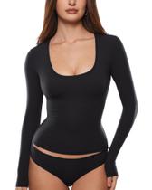 Camiseta INLYRIC Inbarely Soft Deep com decote em U, manga comprida, feminina