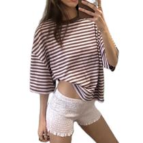 Camiseta JINZIYINZI listrada de grandes dimensões para mulheres de manga curta