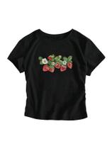 Camiseta justa Crop Top Verdusa com estampa de morango preta feminina