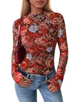 Camiseta Justa de Manga Longa com Tule e Estampa Floral PRETTYGARDEN L Camiseta Justa de Manga Longa com Tule e Estampa Floral PRETTYGARDEN L
