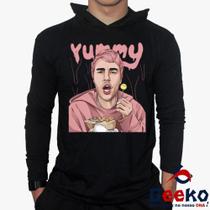 Camiseta Justin Bieber Manga Longa com Capuz 100% Algodão Yummy Geeko