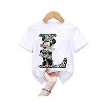 Camiseta Kawaii Disney Minnie Para Meninas Com Letras a B C D, Top Casual De Manga Curta Para Camiseta Kawaii Disney Minnie Para Meninas Com Letras a B C D, Top Casual De Manga Curta Para