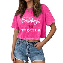 Camiseta KEEVICI Western Cowboy cortada para mulheres rosa tamanho L Camiseta KEEVICI Western Cowboy cortada para mulheres rosa tamanho L