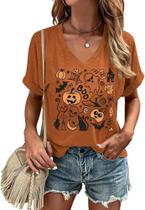 Camiseta KYVPO de outono com decote em V engraçada de Halloween com estampa de lanterna Jack O
