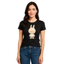 Camiseta Labubu Baby Look Preta Feminina 100% Algodão
