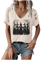 Camiseta LANMERTREE recortada com decote em V, bruxa, Halloween, feminina, bege