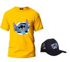 Camiseta Lilo Stitch + Boné Desenho Animado Lançamento 2023 Masculino E Feminino