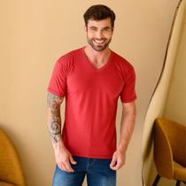 Camiseta Lisa Básica Premium Casual Vermelho de Gola V Masculino