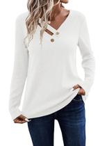 Camiseta LOLONG branca canelada com decote em V e manga comprida feminina