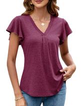 Camiseta LOMON com decote em V para mulheres de verão com babados, roxa, vermelha