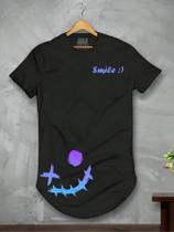 Camiseta Long-Line 100% Algodão Infantil e Juvenil Unissex Premium Fofo Smile Roxinho