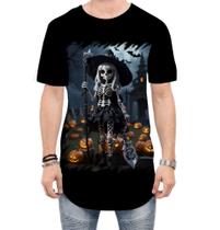 Camiseta Longline Bruxa Caveira Halloween 15