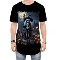 Camiseta Longline Bruxa Caveira Halloween 17