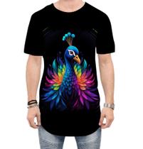 Camiseta Longline de Pavão Colorido Neon Vetor 11