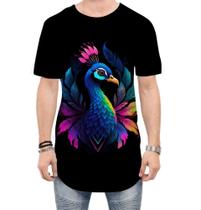 Camiseta Longline de Pavão Colorido Neon Vetor 13