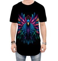 Camiseta Longline de Pavão Colorido Neon Vetor 14