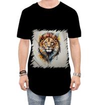 Camiseta Longline Leão Ilustrado Cromático Abstrato Rei 1
