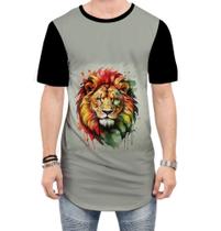 Camiseta Longline Leão Ilustrado Cromático Abstrato Rei 6