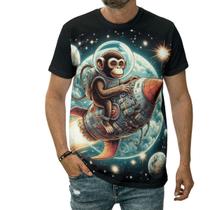 Camiseta Macaco Astronauta Montado Em Foguete Planetas