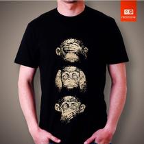 Camiseta Macacos Surdo Mudo E Cego Camisa Divertida Algodão Camiseta Macacos Surdo Mudo E Cego Camisa Divertida Algodão