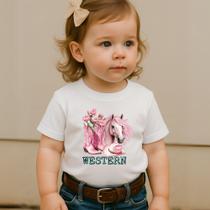 Camiseta Manga Curta 100% Algodão Estampa Western Rosa 021 Modinha Fofa Linda Faroeste Garota Escola
