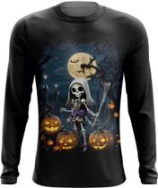 Camiseta Manga Longa Bruxa Caveira Halloween 1