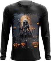 Camiseta Manga Longa Bruxa Caveira Halloween 3