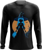 Camiseta Manga Longa Bruxa Halloween Azul Festa 11