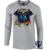 camiseta manga longa Infantil até Plus size cachorro cão dog pug colorido pintura color