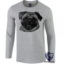 camiseta manga longa Infantil até Plus size cachorro cão dog pug preto e branco camiseta manga longa Infantil até Plus size cachorro cão dog pug preto e branco