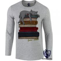 camiseta manga longa Infantil até Plus size Gatos leitura pilha livros cat camiseta manga longa Infantil até Plus size Gatos leitura pilha livros cat