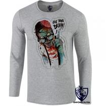 camiseta manga longa Infantil até Plus size Zombie use your brain cerebro caveira