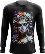 Camiseta Manga Longa La Catrina Mexicana Dama Esqueleto 18 Camiseta Manga Longa La Catrina Mexicana Dama Esqueleto 18