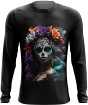 Camiseta Manga Longa La Catrina Mexicana Dama Esqueleto 7 Camiseta Manga Longa La Catrina Mexicana Dama Esqueleto 7