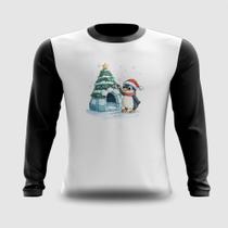 Camiseta Manga Longa Pinguim com Iglu de Natal