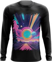 Camiseta Manga Longa Vaporwave Paisagem Estilosa Púrpura 9