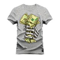 Camiseta Mão Caveira Money Algodão Confortável Estampada Gola Redonda