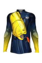Camiseta Mar Negro Peixe Pesca Proteção Solar 50+ Com Luvinha Tucunaré