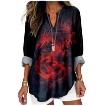Camiseta MARSVOVO Red Dragon Print de manga comprida para mulheres Camiseta MARSVOVO Red Dragon Print de manga comprida para mulheres