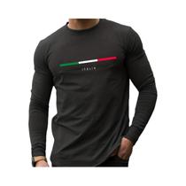 Camiseta Masculina 100% Algodão, Casual, De Manga Longa, Decote Redondo, Estampa De Letras ITALIA,