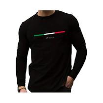 Camiseta Masculina 100% Algodão, Casual, Solta, De Manga Longa, Com Estampa Da Letra ITALIA, Para